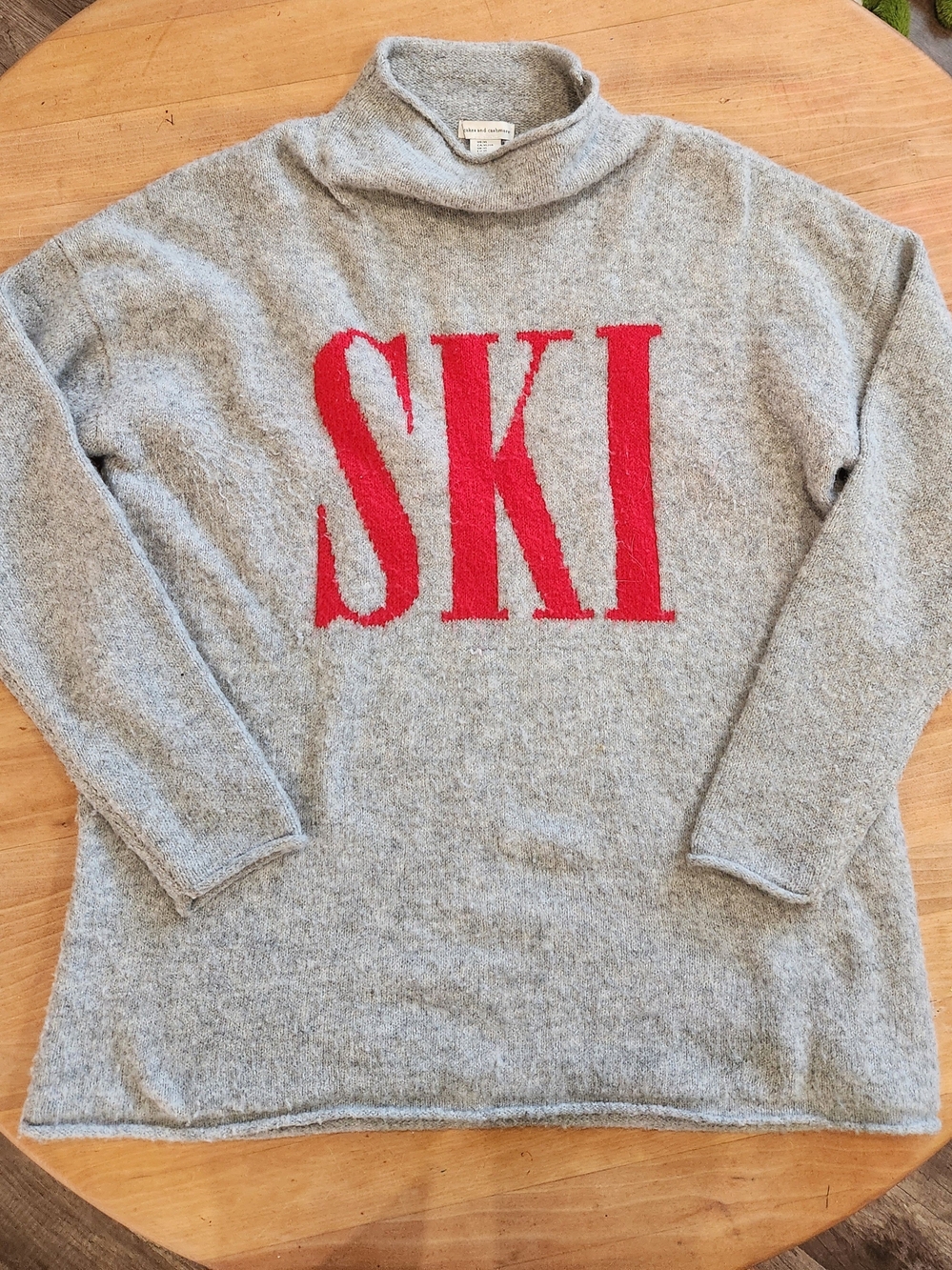 cupcakes & cashmere Gray Turtleneck Sweater with Red SKI Logo
